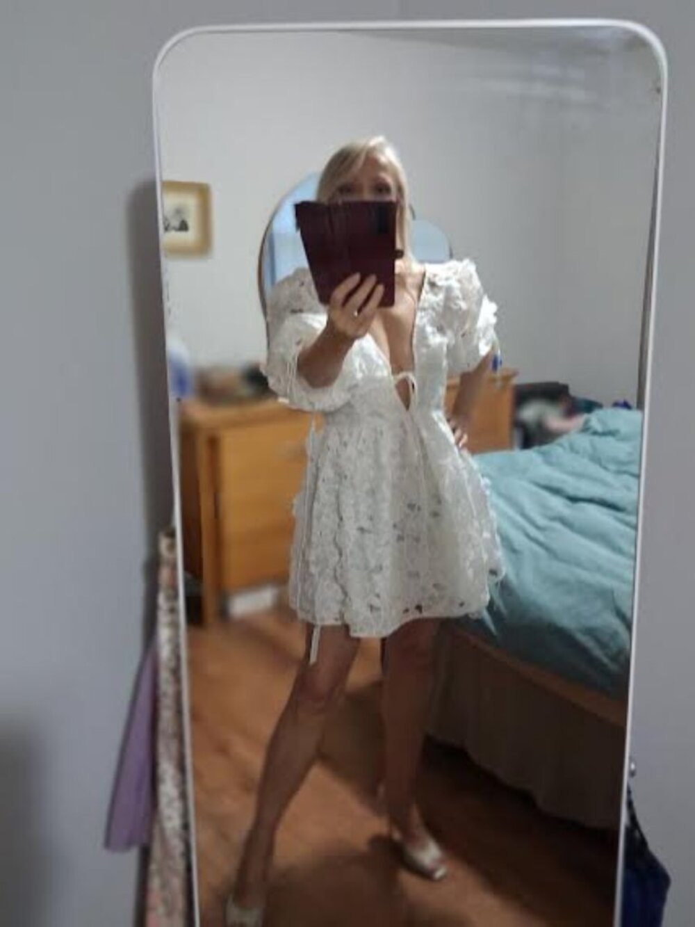 NWT For Love & Lemons White Lace Puff Sleeve Mini Dress Size M